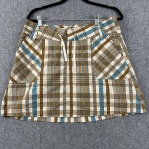 Patagonia Seer Sucker Skirt Womens 10 Brown Blue Plaid‎ Mini Drawstring Pockets